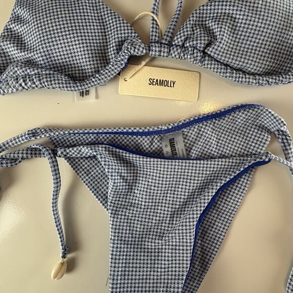 Seamolly Blue White Gingham Check Seashell Tie Sides Bikini Swimsuit XS NWT - Picture 2 of 12